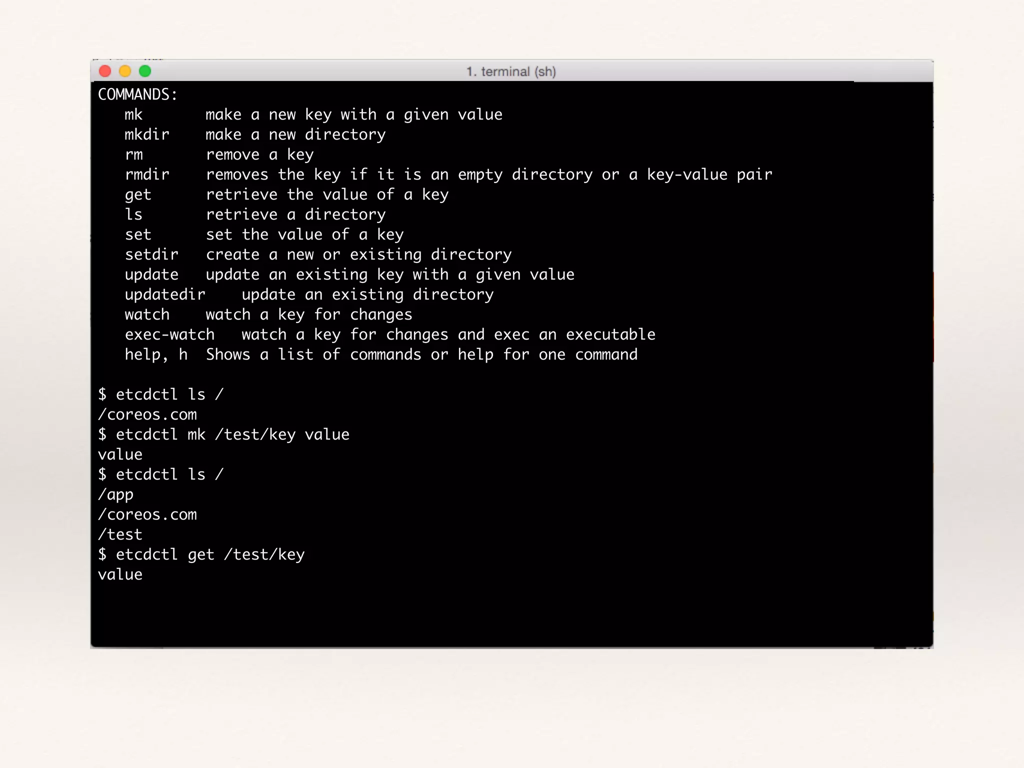 COMMANDS:
mk make a new key with a given value
mkdir make a new directory
rm remove a key
rmdir removes the key if it is an empty directory or a key-value pair
get retrieve the value of a key
ls retrieve a directory
set set the value of a key
setdir create a new or existing directory
update update an existing key with a given value
updatedir update an existing directory
watch watch a key for changes
exec-watch watch a key for changes and exec an executable
help, h Shows a list of commands or help for one command
$ etcdctl ls /
/coreos.com
$ etcdctl mk /test/key value
value
$ etcdctl ls /
/app
/coreos.com
/test
$ etcdctl get /test/key
value
 