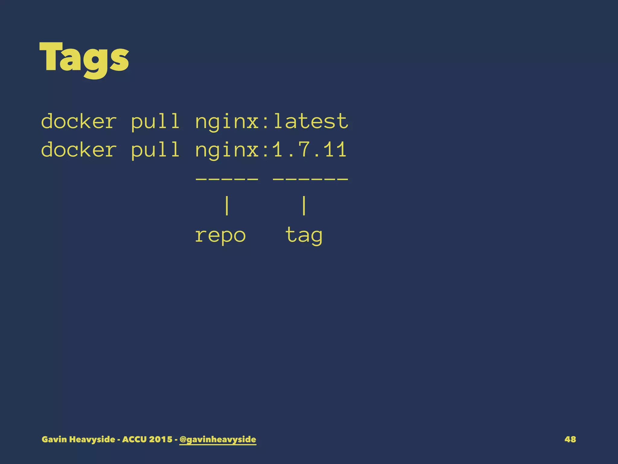 Tags
docker pull nginx:latest
docker pull nginx:1.7.11
----- ------
| |
repo tag
Gavin Heavyside - ACCU 2015 - @gavinheavyside 48
 