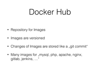 Docker Hub
• Repository for Images
• Images are versioned
• Changes of Images are stored like a „git commit“
• Many images...