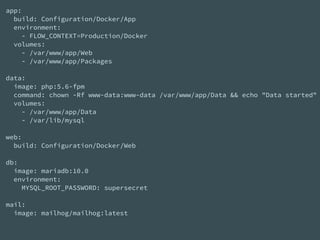 app: 
build: Configuration/Docker/App 
environment: 
- FLOW_CONTEXT=Production/Docker 
volumes: 
- /var/www/app/Web 
- /var/www/app/Packages 
 
data: 
image: php:5.6-fpm 
command: chown -Rf www-data:www-data /var/www/app/Data && echo "Data started" 
volumes: 
- /var/www/app/Data 
- /var/lib/mysql 
 
web: 
build: Configuration/Docker/Web 
 
db: 
image: mariadb:10.0 
environment: 
MYSQL_ROOT_PASSWORD: supersecret 
 
mail: 
image: mailhog/mailhog:latest 
 