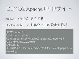 DEMO2 Apache+PHPサイト
• pukiwiki（PHP5）を立てる
• Dockerﬁle に、ミドルウェアの設定を記述
FROM debian:8.1
RUN apt-get update
RUN apt-get install -y apache2 libapache2-mod-php5
ADD html /var/www/html/
EXPOSE 80
ENTRYPOINT service apache2 start; tail -f /var/log/apache2/
access.log
 