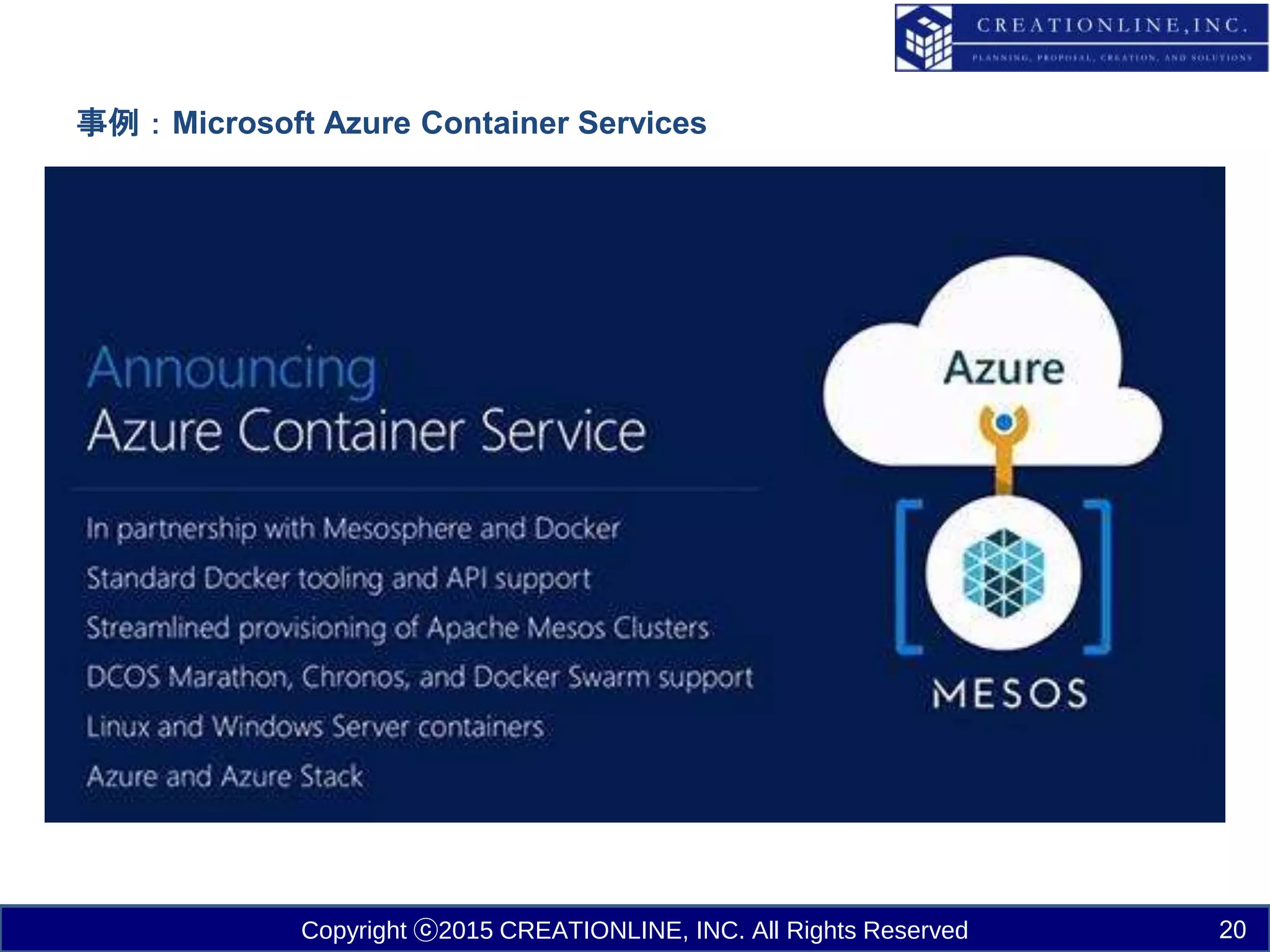 Copyright ⓒ2015 CREATIONLINE, INC. All Rights Reserved
事例：Microsoft Azure Container Services
20
 