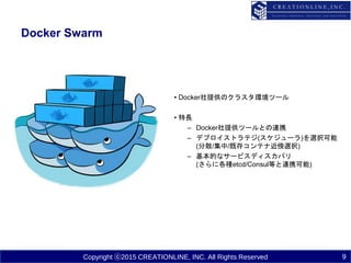 Copyright ⓒ2015 CREATIONLINE, INC. All Rights Reserved
Docker Swarm
9
• Docker社提供のクラスタ環境ツール
• 特長
– Docker社提供ツールとの連携
– デプロイストラテジ(スケジューラ)を選択可能
(分散/集中/既存コンテナ近傍選択)
– 基本的なサービスディスカバリ
(さらに各種etcd/Consul等と連携可能)
 