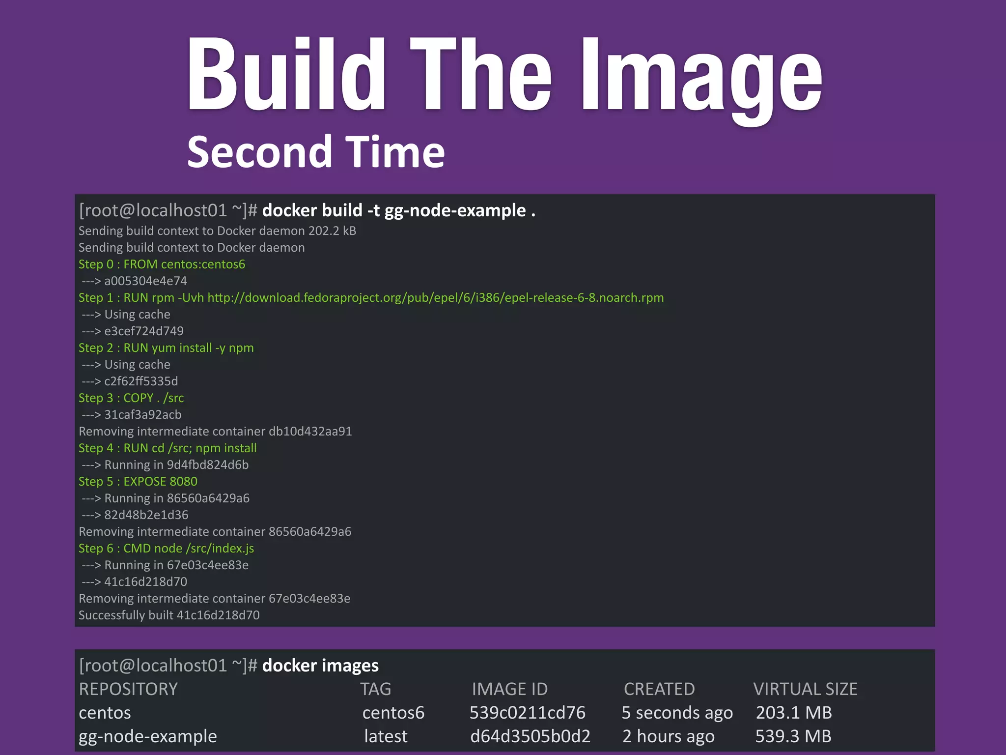 Build The Image
[root@localhost01	
  ~]#	
  docker	
  images	
  
REPOSITORY	
  	
  	
  	
  	
  	
  	
  	
  	
  	
  	
  	
  	
  	
  	
  	
  	
  	
  	
  	
  	
  	
  	
  	
  	
  	
  	
  	
  	
  	
  	
  	
  	
  	
  	
  	
  	
  	
  	
  	
  	
  TAG	
  	
  	
  	
  	
  	
  	
  	
  	
  	
  	
  	
  	
  	
  	
  	
  	
  	
  IMAGE	
  ID	
  	
  	
  	
  	
  	
  	
  	
  	
  	
  	
  	
  	
  	
  	
  	
  	
  CREATED	
  	
  	
  	
  	
  	
  	
  	
  	
  	
  	
  	
  	
  VIRTUAL	
  SIZE	
  
centos	
  	
  	
  	
  	
  	
  	
  	
  	
  	
  	
  	
  	
  	
  	
  	
  	
  	
  	
  	
  	
  	
  	
  	
  	
  	
  	
  	
  	
  	
  	
  	
  	
  	
  	
  	
  	
  	
  	
  	
  	
  	
  	
  	
  	
  	
  	
  	
  	
  	
  	
  	
  centos6	
  	
  	
  	
  	
  	
  	
  	
  	
  	
  539c0211cd76	
  	
  	
  	
  	
  	
  	
  	
  5	
  seconds	
  ago	
  	
  	
  	
  	
  203.1	
  MB	
  
gg-­‐node-­‐example	
  	
  	
  	
  	
  	
  	
  	
  	
  	
  	
  	
  	
  	
  	
  	
  	
  	
  	
  	
  	
  	
  	
  	
  	
  	
  	
  	
  	
  	
  	
  	
  	
  latest	
  	
  	
  	
  	
  	
  	
  	
  	
  	
  	
  	
  	
  	
  d64d3505b0d2	
  	
  	
  	
  	
  	
  	
  2	
  hours	
  ago	
  	
  	
  	
  	
  	
  	
  	
  	
  539.3	
  MB
Second	
  Time
[root@localhost01	
  ~]#	
  docker	
  build	
  -­‐t	
  gg-­‐node-­‐example	
  .	
  
Sending	
  build	
  context	
  to	
  Docker	
  daemon	
  202.2	
  kB	
  
Sending	
  build	
  context	
  to	
  Docker	
  daemon	
  
Step	
  0	
  :	
  FROM	
  centos:centos6	
  
	
  -­‐-­‐-­‐>	
  a005304e4e74	
  
Step	
  1	
  :	
  RUN	
  rpm	
  -­‐Uvh	
  hkp://download.fedoraproject.org/pub/epel/6/i386/epel-­‐release-­‐6-­‐8.noarch.rpm	
  
	
  -­‐-­‐-­‐>	
  Using	
  cache	
  
	
  -­‐-­‐-­‐>	
  e3cef724d749	
  
Step	
  2	
  :	
  RUN	
  yum	
  install	
  -­‐y	
  npm	
  
	
  -­‐-­‐-­‐>	
  Using	
  cache	
  
	
  -­‐-­‐-­‐>	
  c2f62ﬀ5335d	
  
Step	
  3	
  :	
  COPY	
  .	
  /src	
  
	
  -­‐-­‐-­‐>	
  31caf3a92acb	
  
Removing	
  intermediate	
  container	
  db10d432aa91	
  
Step	
  4	
  :	
  RUN	
  cd	
  /src;	
  npm	
  install	
  
	
  -­‐-­‐-­‐>	
  Running	
  in	
  9d4wd824d6b	
  
Step	
  5	
  :	
  EXPOSE	
  8080	
  
	
  -­‐-­‐-­‐>	
  Running	
  in	
  86560a6429a6	
  
	
  -­‐-­‐-­‐>	
  82d48b2e1d36	
  
Removing	
  intermediate	
  container	
  86560a6429a6	
  
Step	
  6	
  :	
  CMD	
  node	
  /src/index.js	
  
	
  -­‐-­‐-­‐>	
  Running	
  in	
  67e03c4ee83e	
  
	
  -­‐-­‐-­‐>	
  41c16d218d70	
  
Removing	
  intermediate	
  container	
  67e03c4ee83e	
  
Successfully	
  built	
  41c16d218d70
 