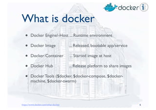 What is docker
• Docker Engine/-Host ... Runtime environment
• Docker Image ... Released, bootable app/service
• Docker Container ... Started image at host
• Docker Hub ... Release platform to share images
• Docker Tools ($docker, $docker-compose, $docker-
machine, $docker-swarm)
6https://www.docker.com/what-docker
 