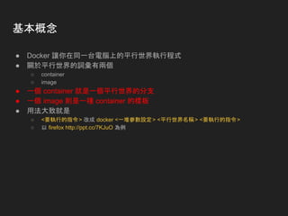 基本概念
● Docker 讓你在同一台電腦上的平行世界執行程式
● 關於平行世界的詞彙有兩個
○ container
○ image
● 一個 container 就是一個平行世界的分支
● 一個 image 則是一種 container 的樣板
● 用法大致就是
○ <要執行的指令> 改成 docker <一堆參數設定> <平行世界名稱> <要執行的指令>
○ 以 firefox http://ppt.cc/7KJuO 為例
 