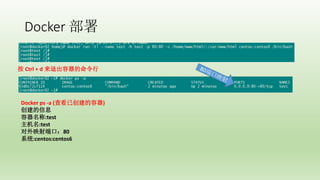 Docker 
Docker ps -a (鿴Ѵ)
Ϣ
:test
:test
ӳ˿ڣ80
ϵͳ:centos:centos6
 Ctrl + d ˳
 