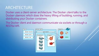 ARCHITECTURE
Docker uses a client-server architecture. The Docker client talks to the
Docker-daemon, which does the heavy lifting of building, running, and
distributing your Docker containers.
The Docker client and daemon communicate via sockets or through a
RESTful API.
 
