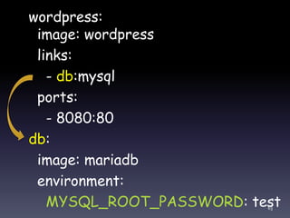 wordpress:
image: wordpress
links:
- db:mysql
ports:
- 8080:80
db:
image: mariadb
environment:
MYSQL_ROOT_PASSWORD: test63
 