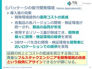 Copyright © 2016 TIS Inc. All rights reserved. 12
 導入後の効果
• 開発環境提供の運用コストの低減
• 各製品の各バージョンの開発・検証環境が
統一され、製品の品質が安定
• 使用するリソース量が削減でき、開発者
個々に開発・検証環境の提供を実現
• DBサーバを含む開発・検証環境を開発者に
近いロケーションでの提供を実現
品質の向上とコストの低減を両立する為には、
貴重なフルスタックエンジニアを開発環境の改善
という投資にアサインできるかが鍵になる。
①パッケージの保守開発環境（Works Applications社)
 