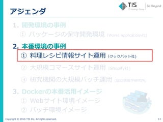 Copyright © 2016 TIS Inc. All rights reserved.
アジェンダ
1. 開発環境の事例
① パッケージの保守開発環境（Works Applications社)
2. 本番環境の事例
① 料理レシピ情報サイト運用（クックパット社)
② 大規模コマースサイト運用（Shopify社)
③ 研究機関の大規模バッチ運用 (国立情報学研究所)
3. Dockerの本番活用イメージ
① Webサイト環境イメージ
② バッチ環境イメージ
13
 