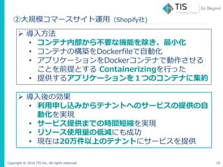 Copyright © 2016 TIS Inc. All rights reserved. 19
 導入方法
• コンテナ内部から不要な機能を除き、最小化
• コンテナの構築をDockerfileで自動化
• アプリケーションをDockerコンテナで動作させる
ことを前提とする Containerizingを行った
• 提供するアプリケーションを１つのコンテナに集約
 導入後の効果
• 利用申し込みからテナントへのサービスの提供の自
動化を実現
• サービス提供までの時間短縮を実現
• リソース使用量の低減にも成功
• 現在は20万件以上のテナントにサービスを提供
②大規模コマースサイト運用（Shopify社)
 