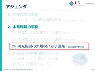 Copyright © 2016 TIS Inc. All rights reserved.
アジェンダ
1. 開発環境の事例
① パッケージの保守開発環境（Works Applications社)
2. 本番環境の事例
① 料理レシピ情報サイト運用（クックパット社)
② 大規模コマースサイト運用（Shopify社)
③ 研究機関の大規模バッチ運用 (国立情報学研究所)
3. Dockerの本番活用イメージ
① Webサイト環境イメージ
② バッチ環境イメージ
20
 