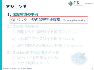 Copyright © 2016 TIS Inc. All rights reserved.
アジェンダ
1. 開発環境の事例
① パッケージの保守開発環境（Works Applications社)
2. 本番環境の事例
① 料理レシピ情報サイト運用（クックパット社)
② 大規模コマースサイト運用（Shopify社)
③ 研究機関の大規模バッチ運用 (国立情報学研究所)
3. Dockerの本番活用イメージ
① Webサイト環境イメージ
② バッチ環境イメージ
5
 