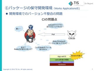 Copyright © 2016 TIS Inc. All rights reserved. 7
 開発環境でのバージョン不整合の問題
①パッケージの保守開発環境（Works Applications社)
 