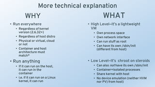 More technical explanation
• High Level—It’s a lightweight
VM
• Own process space
• Own network interface
• Can run stuff as root
• Can have its own /sbin/init
(different from host)
• Low Level—It’s chroot on steroids
• Can also not have its own /sbin/init
• Container=isolated processes
• Share kernel with host
• No device emulation (neither HVM
nor PV) from host)
• Run everywhere
• Regardless of kernel
version (2.6.32+)
• Regardless of host distro
• Physical or virtual, cloud
or not
• Container and host
architecture must
match*
• Run anything
• If it can run on the host,
it can run in the
container
• i.e. if it can run on a Linux
kernel, it can run
WHY WHAT
 