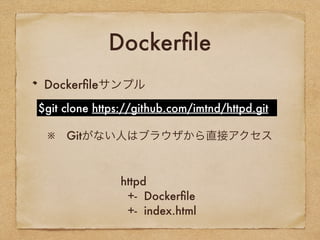 Dockerfile
Dockerfileサンプル
$git clone https://github.com/imtnd/httpd.git
httpd
+- Dockerfile
+- index.html
※ Gitがない人はブラウザから直接アクセス
 