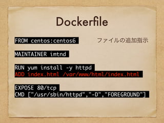 Dockerfile
FROM	 centos:centos6
MAINTAINER	 imtnd
RUN	 yum	 install	 -y	 httpd
ADD	 index.html	 /var/www/html/index.html
EXPOSE	 80/tcp
CMD	 ["/usr/sbin/httpd","-D","FOREGROUND"]
ファイルの追加指示
 