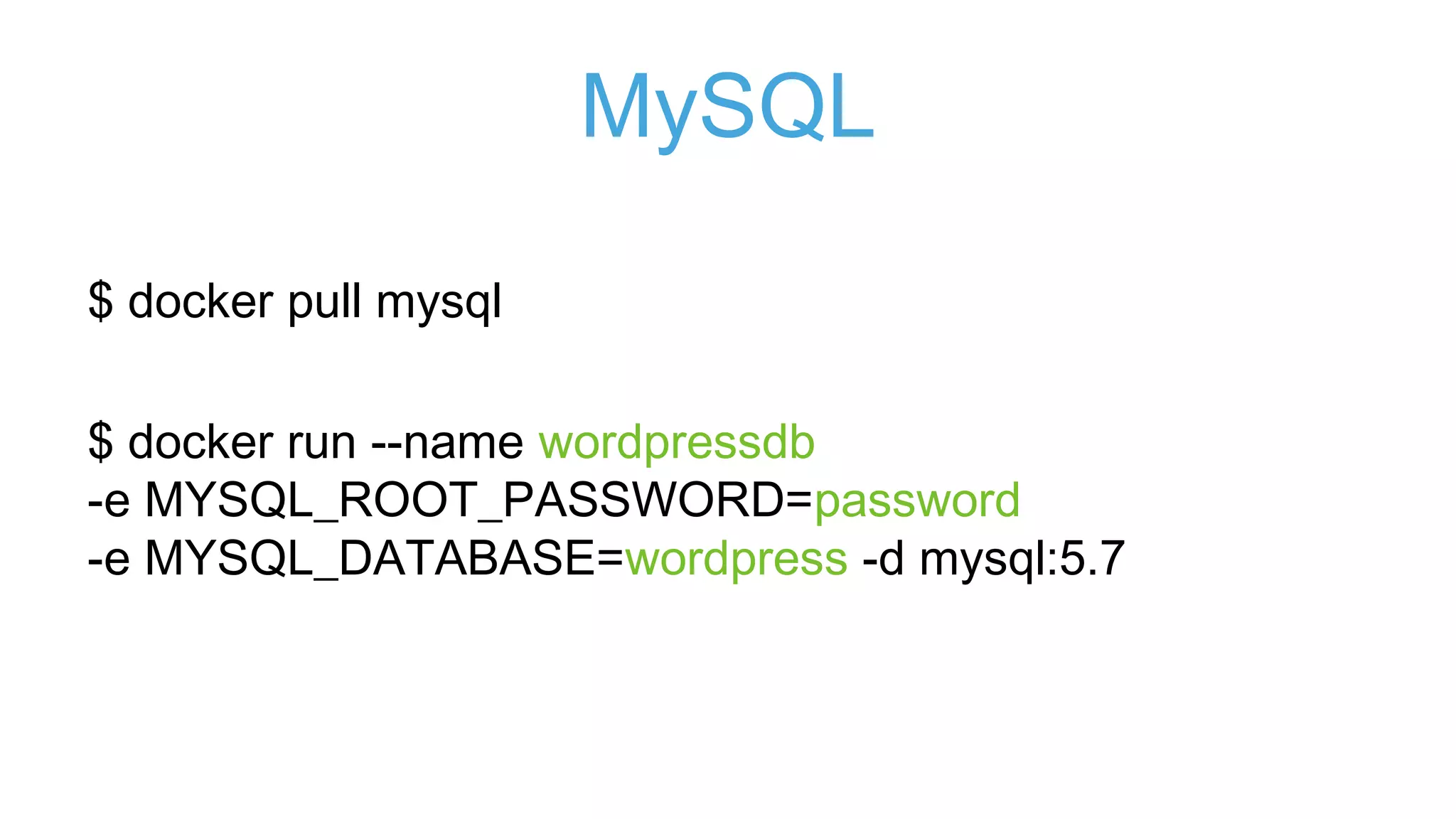 Whalesay: Dockerfile
FROM docker/whalesay:latest
RUN apt-get -y update && apt-get install –y fortunes
CMD /usr/games/fortune -a | cowsay
$ docker build -t docker-whale .
 