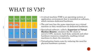  A virtual machine (VM) is an operating system or
application environment that is installed on software,
which imitates d...