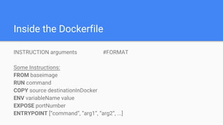 Inside the Dockerfile
INSTRUCTION arguments #FORMAT
Some Instructions:
FROM baseimage
RUN command
COPY source destinationInDocker
ENV variableName value
EXPOSE portNumber
ENTRYPOINT [“command”, “arg1”, “arg2”, ...]
 