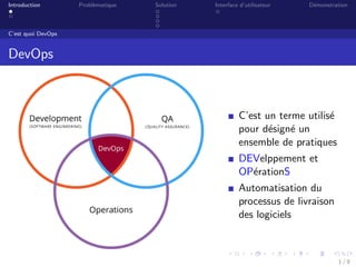 Introduction Probl`ematique Solution Interface d’utilisateur D´emonstration
C’est quoi DevOps
DevOps
C’est un terme utilis´e
pour d´esign´e un
ensemble de pratiques
DEVelppement et
OP´erationS
Automatisation du
processus de livraison
des logiciels
1 / 9
 