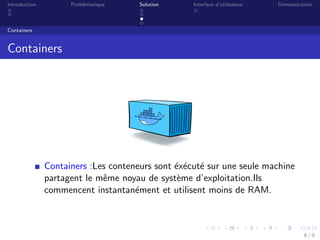 Introduction Probl`ematique Solution Interface d’utilisateur D´emonstration
Containers
Containers
Containers :Les conteneurs sont ´ex´ecut´e sur une seule machine
partagent le mˆeme noyau de syst`eme d’exploitation.Ils
commencent instantan´ement et utilisent moins de RAM.
6 / 9
 