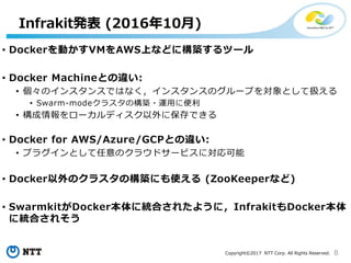 8Copyright©2017 NTT Corp. All Rights Reserved.
• Dockerを動かすVMをAWS上などに構築するツール
• Docker Machineとの違い:
• 個々のインスタンスではなく，インスタンスのグループを対象として扱える
• Swarm-modeクラスタの構築・運用に便利
• 構成情報をローカルディスク以外に保存できる
• Docker for AWS/Azure/GCPとの違い:
• プラグインとして任意のクラウドサービスに対応可能
• Docker以外のクラスタの構築にも使える (ZooKeeperなど)
• SwarmkitがDocker本体に統合されたように，InfrakitもDocker本体
に統合されそう
Infrakit発表 (2016年10月)
 