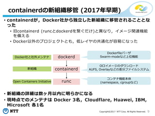 9Copyright©2017 NTT Corp. All Rights Reserved.
• containerdが，Docker社から独立した新組織に移管されることとな
った
• 旧containerd (runcとdockerdを繋ぐだけ)と異なり，イメージ関連機能
を備える
• Docker以外のプロジェクトとも，低レイヤの共通化が容易になった
• 新組織の詳細は数ヶ月以内に明らかになる
• 現時点でのメンテナは Docker 3名，Cloudflare, Huawei, IBM,
Microsoft 各1名
containerdの新組織移管 (2017年早期)
dockerd
containerd
runc
コンテナ機能本体
(namespace, cgroupなど)
Dockerfileパーザ
Swarm-modeなど上位機能
OCIイメージのダウンロード
AUFS, Overlayなどの差分ファイルシステム
Docker社と社外メンテナ
新組織
Open Containers Initiative
 