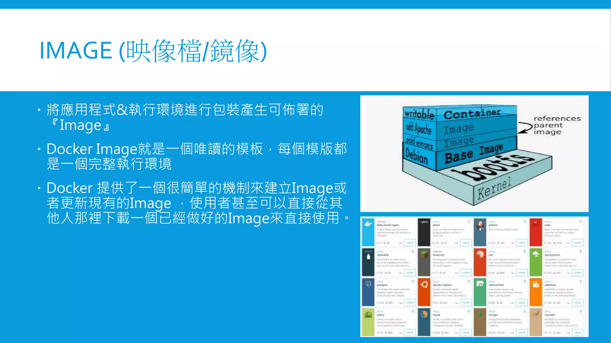 IMAGE (映像檔/鏡像)
 將應用程式&執行環境進行包裝產生可佈署的
『Image』
 Docker Image就是一個唯讀的模板，每個模版都
是一個完整執行環境
 Docker 提供了一個很簡單的機制來建立Image或
者更新現有的Image ，使用者甚至可以直接從其
他人那裡下載一個已經做好的Image來直接使用。
 