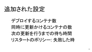 追加された設定
デプロイするコンテナ数
同時に更新かけるコンテナの数
次の更新を行うまでの待ち時間
リスタートのポリシー: 失敗した時
34
 