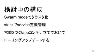 検討中の構成
Swarm modeでクラスタ化
stackでservice定義管理
常時2つのappコンテナ立てておいて
ローリングアップデートする
35
 