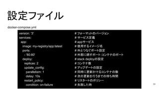 設定ファイル
version: '3' # フォーマットのバージョン
services: # サービス定義
app: # appサービス
image: my-registry/app:latest # 使用するイメージ名
ports: # 外とつなぐポート設定
- '80:80' # 外部に晒すポート:コンテナのポート
deploy: # stack deployの設定
replicas: 2 # コンテナ数
update_config: # アップデートの設定
parallelism: 1 # 同時に更新かけるコンテナの数
delay: 10s # 次の更新を行うまでの待ち時間
restart_policy: # リスタートのポリシー
condition: on-failure # 失敗した時
docker-compose.yml
39
 