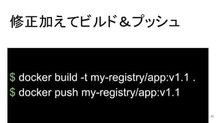 修正加えてビルド＆プッシュ
$ docker build -t my-registry/app:v1.1 .
$ docker push my-registry/app:v1.1
42
 