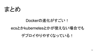まとめ
Dockerの進化がすごい！
ecsとかkubernetesとかが使えない場合でも
デプロイやりやすくなっている！
54
 
