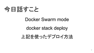 今日話すこと
Docker Swarm mode
docker stack deploy
上記を使ったデプロイ方法
7
 