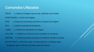 Comandos Utilizados
FROM => Indica a imagem que vai ser utilizada como base.
MAINTAINER => Autor da imagem.
RUN => Executa comandos durante a criação da imagem.
ENV => Define variáveis de ambiente.
LABEL => Adiciona metadados à imagem.
VOLUME => Define um volume a ser montado no container.
EXPOSE => Informa portas nas quais o container vai ficar ouvindo.
ENTRYPOINT => Permite rodar um executável. O container será
finalizado após o término da execução do mesmo.
 