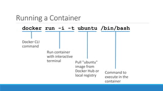 Running a Container
docker run -i -t ubuntu /bin/bash
 