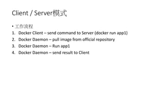Client / Server模式
• 工作流程
1. Docker Client – send command to Server (docker run app1)
2. Docker Daemon – pull image from official repository
3. Docker Daemon – Run app1
4. Docker Daemon – send result to Client
 