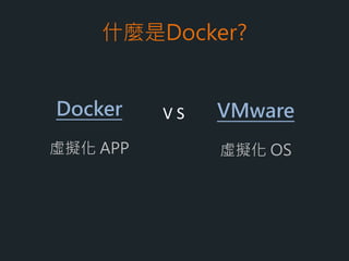 什麼是Docker?
Docker
虛擬化 APP
VMware
虛擬化 OS
V S
 