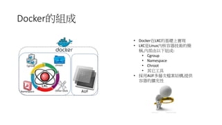 Docker的組成
LXC
Cgroup
NameSpace
chroot
Other tools AUF
• Docker在LXC的基礎上實現
• LXC是Linux內核容器技術的簡
稱,內部由以下組成:
• Cgroup
• Namespace
• Chroot
• 其它工具
• 採用AUF多層次檔案結構,提供
容器的擴充性
 