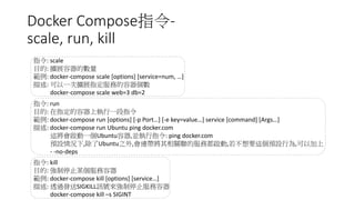 Docker Compose指令-
scale, run, kill
指令: scale
目的: 擴展容器的數量
範例: docker-compose scale [options] [service=num, …]
描述: 可以一次擴展指定服務的容器個數
docker-compose scale web=3 db=2
指令: run
目的: 在指定的容器上執行一段指令
範例: docker-compose run [options] [-p Port…] [-e key=value…] service [command] [Args…]
描述: docker-compose run Ubuntu ping docker.com
這將會啟動一個Ubuntu容器,並執行指令: ping docker.com
預設情況下,除了Ubuntu之外,會連帶將其相關聯的服務都啟動,若不想要這個預設行為,可以加上
- -no-deps
指令: kill
目的: 強制停止某個服務容器
範例: docker-compose kill [options] [service…]
描述: 透過發送SIGKILL訊號來強制停止服務容器
docker-compose kill –s SIGINT
 