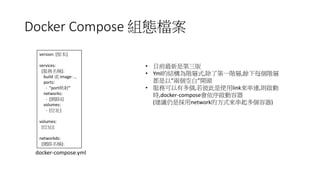 Docker Compose 組態檔案
version: [版本]
services:
[服務名稱]:
build 或 image: …
ports:
- “port映射”
networks:
- [網路1]
volumes:
- [位址]
volumes:
[位址]:
networkds:
[網路名稱]:
• 目前最新是第三版
• Yml的結構為階層式,除了第一階層,餘下每個階層
都是以”兩個空白”開頭
• 服務可以有多個,若彼此是使用link來串連,則啟動
時,docker-compose會依序啟動容器
(建議仍是採用network的方式來串起多個容器)
docker-compose.yml
 