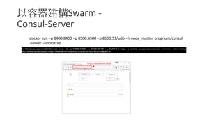以容器建構Swarm -
Consul-Server
docker run –p 8400:8400 –p 8500:8500 –p 8600:53/udp –h node_master progrium/consul
-server –bootstrap
http://localhost:8500
 