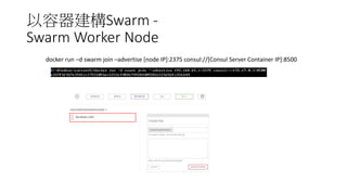 以容器建構Swarm -
Swarm Worker Node
docker run –d swarm join - -advertise [node IP]:2375 consul://[Consul Server Container IP]:8500
 