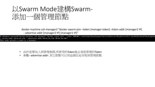 以Swarm Mode建構Swarm-
添加一個管理節點
docker-machine ssh manager2 “docker swarm join - -token [manager token] - -listen-addr [manager2 IP]
--advertise-addr [manager2 IP] [manager1 IP]”
• 由於是要加入到管理族群,所使用的Token就必須是管理的Token
• 參數--advertise-addr: 其它節點可以用這個位址存取到管理節點
 