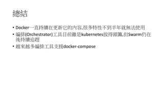 範例: Wordpress-
視覺化觀察Swarm的容器部署
docker-machine ssh manager1 “docker service create - -name=viz –publish=8080:8080/tcp
--constraint=node.role==manager –mount=type=bind,src=/var/run/docker.sock,dst=/var/run/docker.sock
manomarks/visualizer
10.66.66.181:8080
 