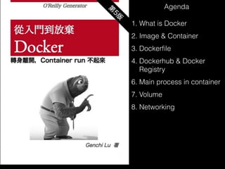 Agenda
1. What is Docker
2. Image & Container
3. Dockerﬁle
4. Dockerhub & Docker
Registry
6. Main process in container
7. Volume
8. Networking
 