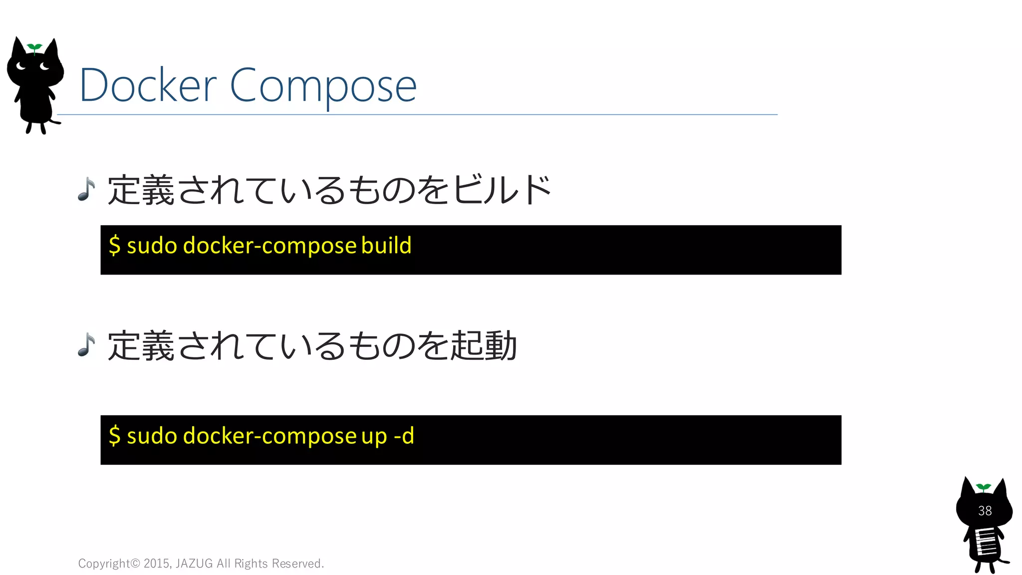 定義されているものをビルド
定義されているものを起動
Docker Compose
Copyright© 2015, JAZUG All Rights Reserved.
38
$ sudo docker-composebuild
$ sudo docker-composeup -d
 