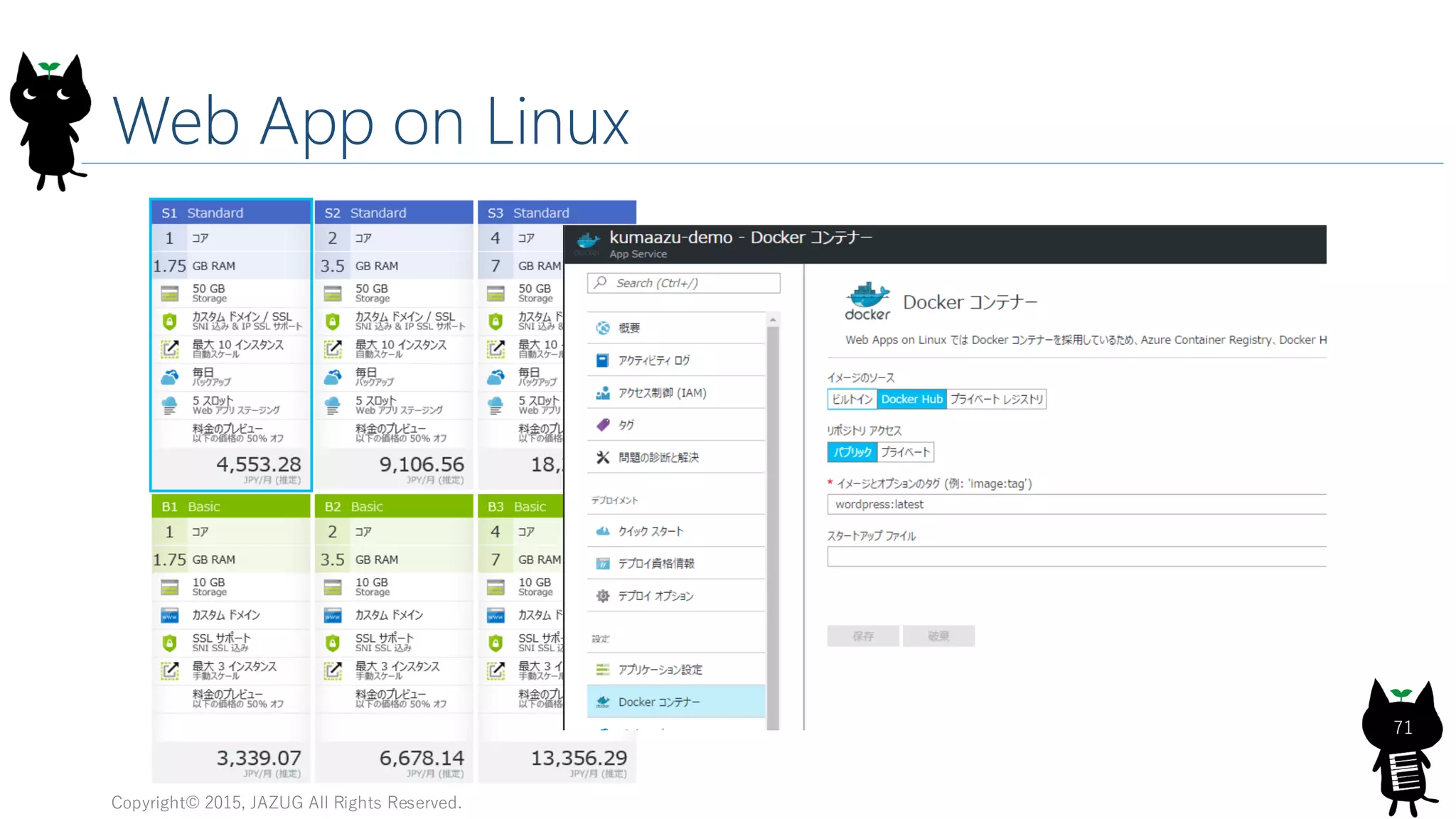 Web App on Linux
Copyright© 2015, JAZUG All Rights Reserved.
71
 